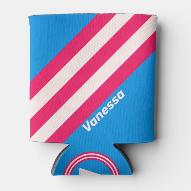 Enfriador De Latas Retro Blue Crush Stripes with Name (Anverso)