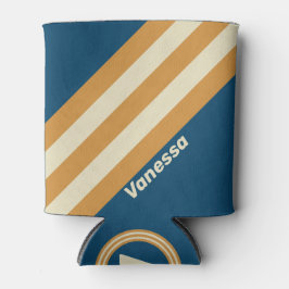 Enfriador De Latas Retro Blue Wave Stripes with Name