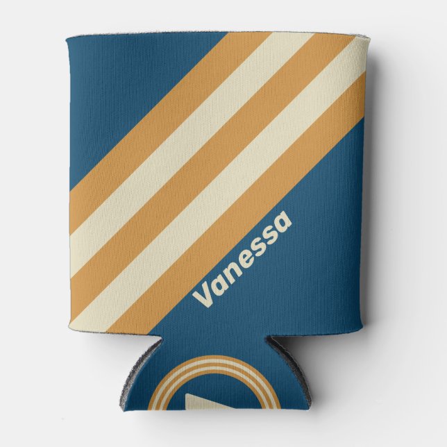 Enfriador De Latas Retro Blue Wave Stripes with Name (Anverso)