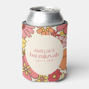 Enfriador De Latas Retro Boho Pink Floral Groovy Bat Mitzvah Personal