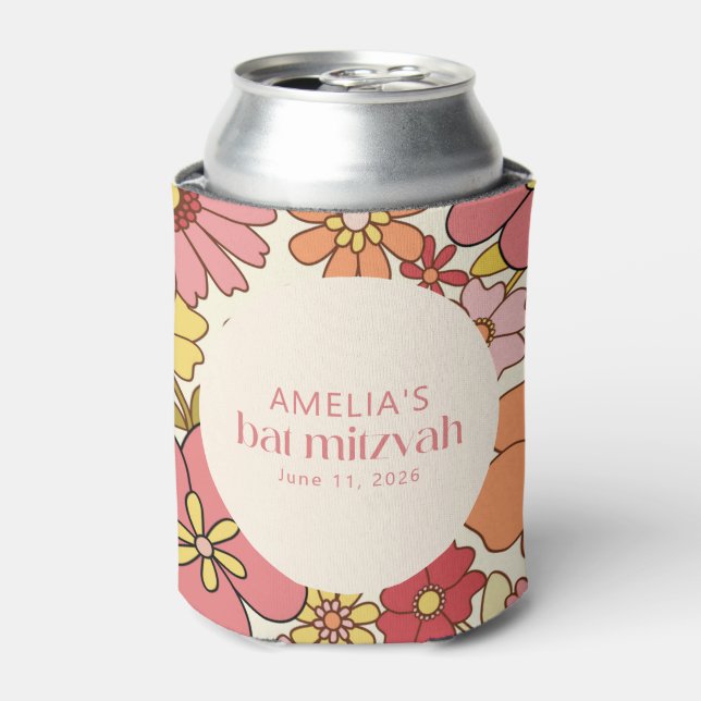 Enfriador De Latas Retro Boho Pink Floral Groovy Bat Mitzvah Personal (Lata Anverso)