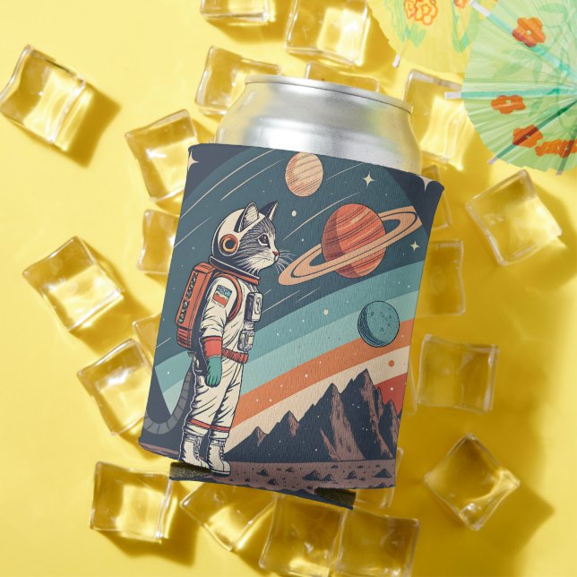 Enfriador De Latas Retro Cat Astronaut Cosmic Space Illustration (Verano in situ)