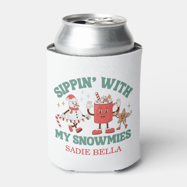 Enfriador De Latas Retro Chillin' Con Mis Navidades Snowmies (Lata Anverso)