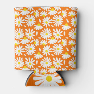 Enfriador De Latas Retro daisy floral: cosecha naranja.