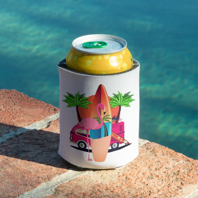 Enfriador De Latas Retro Flamingo Surf Scene Beach Vibes (Piscina in situ)