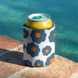 Enfriador De Latas Retro floral azul y Naranja caprichoso, alegre