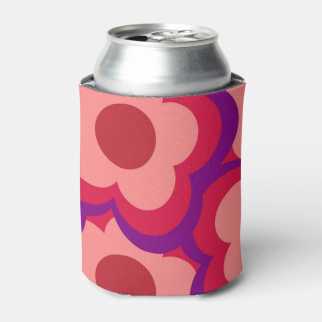 Enfriador De Latas Retro floral rojo y rosado audaz, perrito (Lata Anverso)