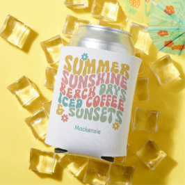 Enfriador De Latas Retro Groovy Summer Pink Monograma Nombre