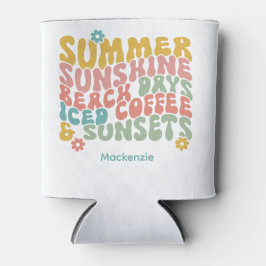 Enfriador De Latas Retro Groovy Summer Pink Monograma Nombre