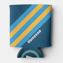 Enfriador De Latas Retro Navy Blue Stripes with Name