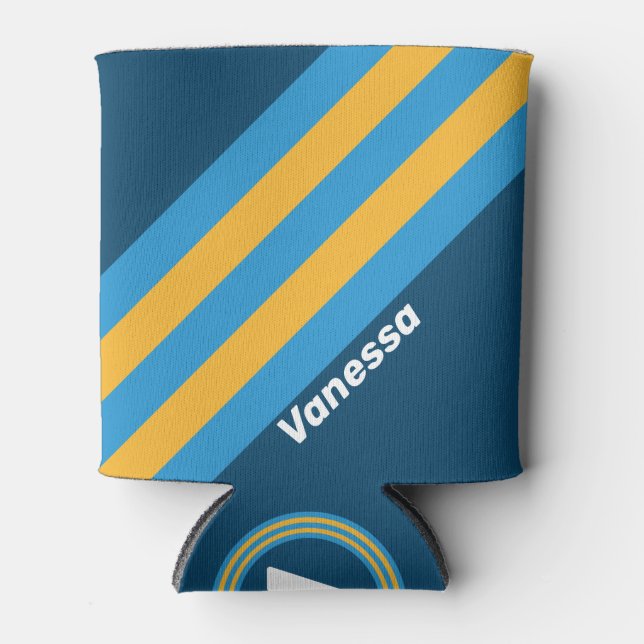 Enfriador De Latas Retro Navy Blue Stripes with Name (Anverso)