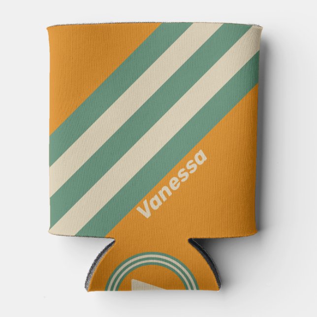 Enfriador De Latas Retro Orange Stripes with Name (Anverso)