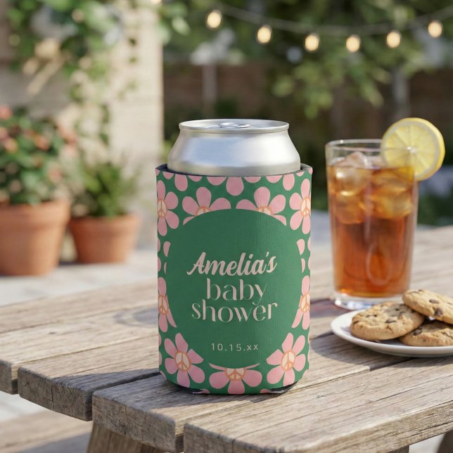 Enfriador De Latas Retro Peace Sign Flower Green Pink Baby Shower  (Subido por el creador)
