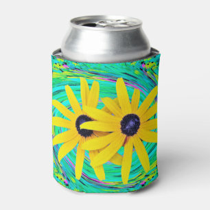 Enfriador De Latas Retro Resumen de las flores amarillas en Aqua Swir