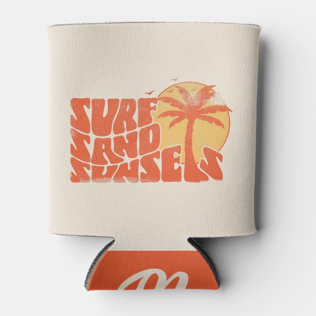Enfriador De Latas Retro Surf Sand Sunsets Palm Tree Beach Vibes (Anverso)