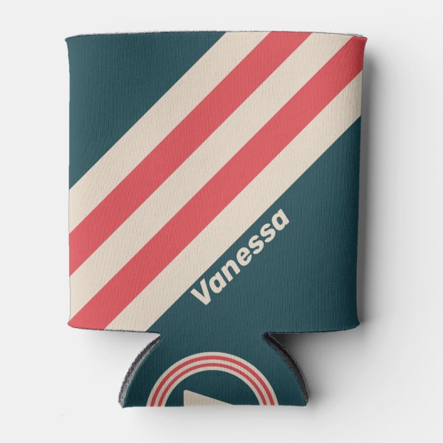 Enfriador De Latas Retro Teal Vibe Stripes with Name (Anverso)