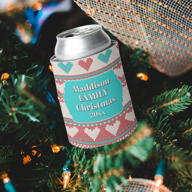 Enfriador De Latas Retro Ugly Christmas Sweater Aqua Blue Red Hearts (Subido por el creador)