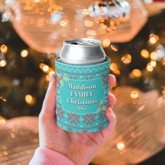 Enfriador De Latas Retro Ugly Christmas Sweater Blue Red Holly (Subido por el creador)