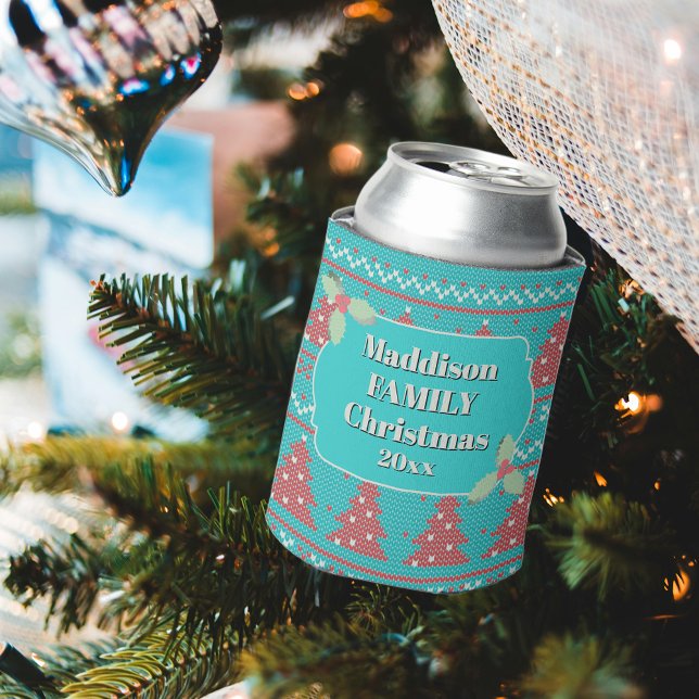 Enfriador De Latas Retro Ugly Christmas Sweater with Trees in Blue (Subido por el creador)