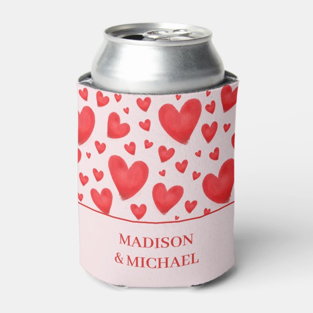 Enfriador De Latas Retro Valentine Hearts Wedding Red Pink (Lata Anverso)