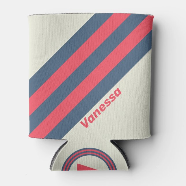Enfriador De Latas Retro Yacht Club Stripes con nombre (Anverso)
