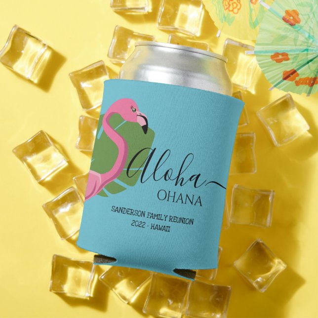 Enfriador De Latas Reunión familiar personalizado Pink Flamingo Aloha (Verano in situ)