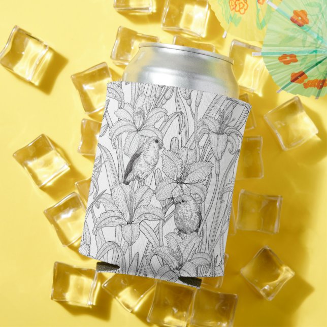 Enfriador De Latas Robins y flores de lilo, negro y blanco (Verano in situ)