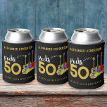 Enfriador De Latas Rock and Roll 50th Birthday Party add Name<br><div class="desc">50 Rocks Fiesta de 50 años música de guitarra personalizada de oro y moderna tipografía refrigerador de bebidas con tres diseños de guitarra de color agua sobre fondo negro. Una guitarra eléctrica con un patrón colorido y protector blanco, una guitarra multicolor semiacústica y un ilustracion psicodélico clásico de arte de...</div>