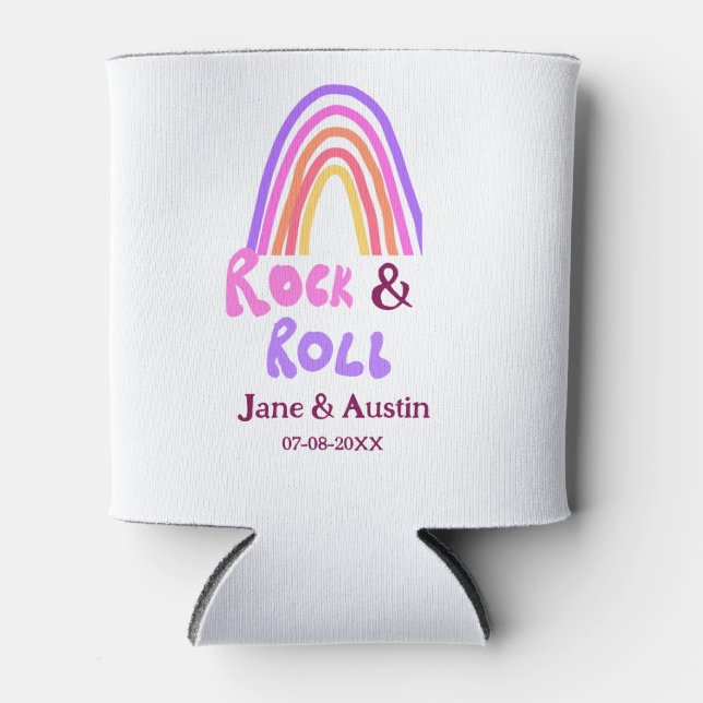 Enfriador De Latas Rock & roll wedding add couple name retro rainbow  (Anverso)