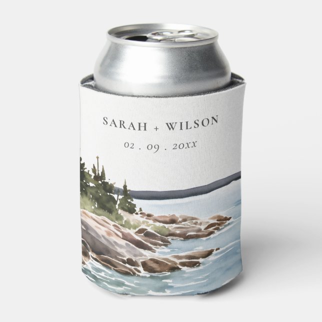 Enfriador De Latas Rocky Pine Watercolor Seascape Boda (Lata Anverso)