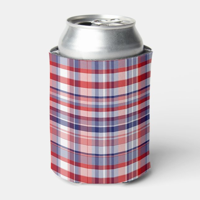 Enfriador De Latas Rojo, blanco, azul de madrás preppy (Lata Anverso)