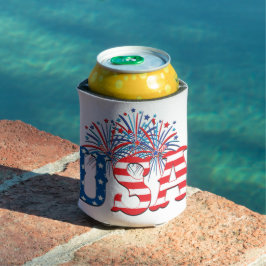 ENFRIADOR DE LATAS ROJO BLANCO AZUL EEUU CON FUEGOS ARTIFICIALES