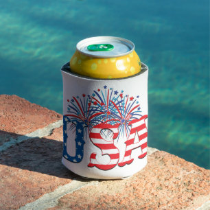 ENFRIADOR DE LATAS ROJO BLANCO AZUL EEUU CON FUEGOS ARTIFICIALES