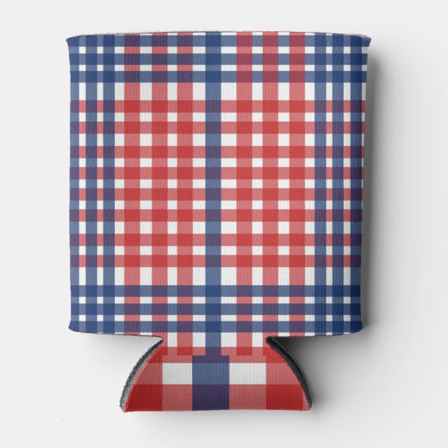 Enfriador De Latas Rojo blanco y azul Gingham Plaid (Anverso)