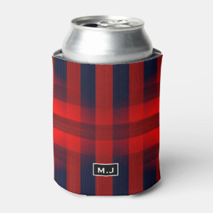 Enfriador De Latas Rojo Bokeh Plaid Monograma Búfalo