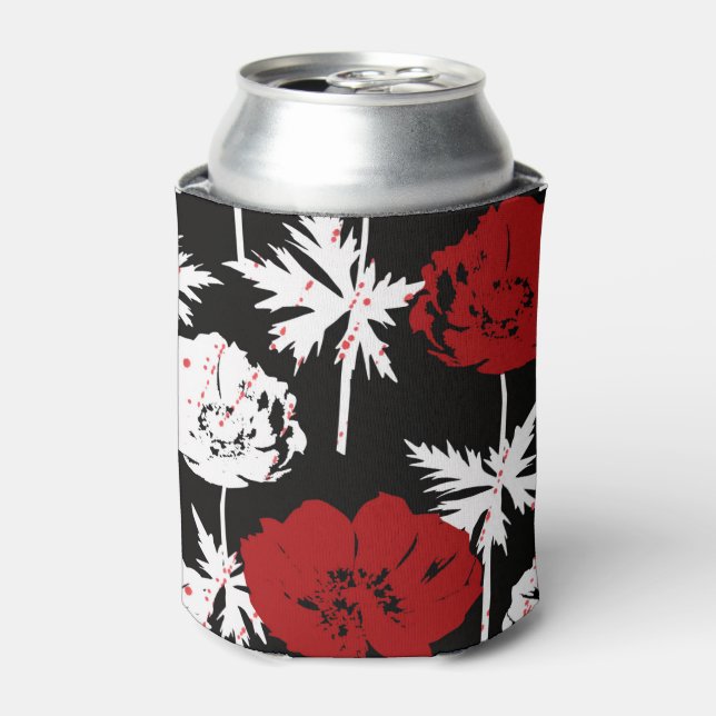 Enfriador De Latas Rojo, flores blancas en negro (Lata Anverso)