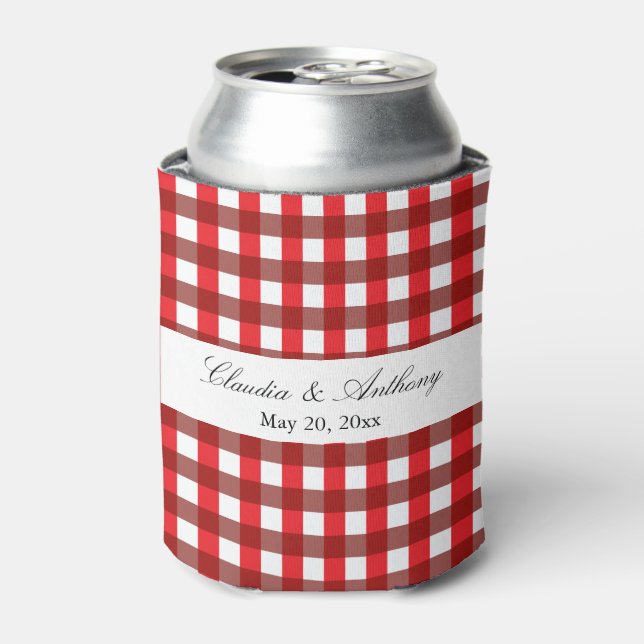 Enfriador De Latas Rojo y blanco Gingham Pattern Barbeque Boda (Lata Anverso)