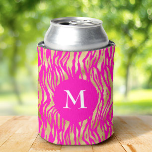 Enfriador De Latas Rosa Caliente Estampado Animal Monograma Glam Chic