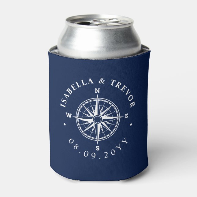 Enfriador De Latas Rosa de brújula Boda náutico (Lata Anverso)