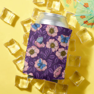 Enfriador De Latas Rosa de perro y mariposas en rosa y púrpura