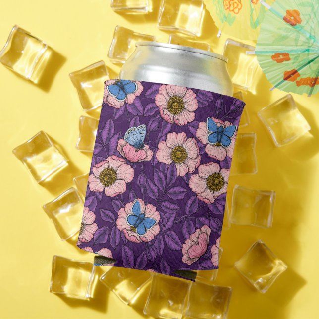 Enfriador De Latas Rosa de perro y mariposas en rosa y púrpura (Verano in situ)