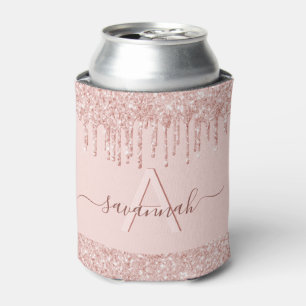 Enfriador De Latas Rosa dorada con brillo y monograma para la fiesta 