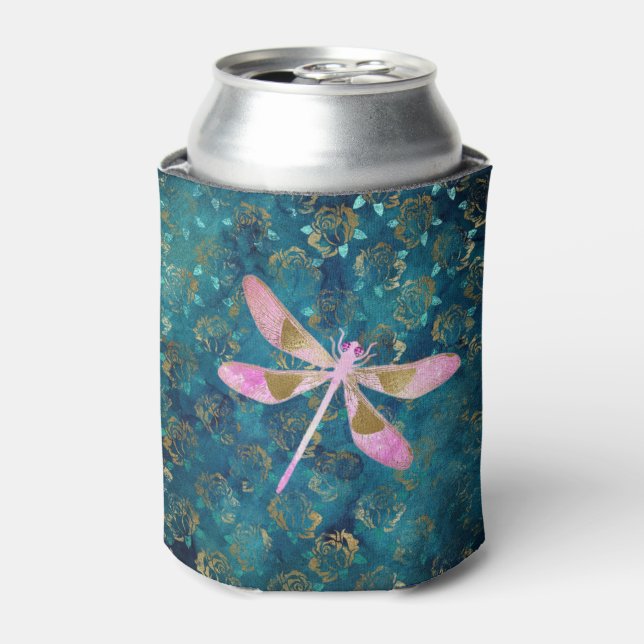Enfriador De Latas Rosa Dragonfly de oro sobre fondo floral turquesa (Lata Anverso)