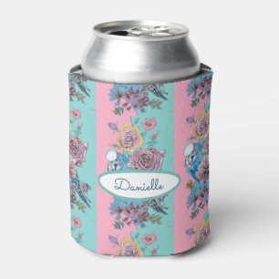 Enfriador De Latas Rosa Rosas florales Budgie Bird Womans Pink Aqua