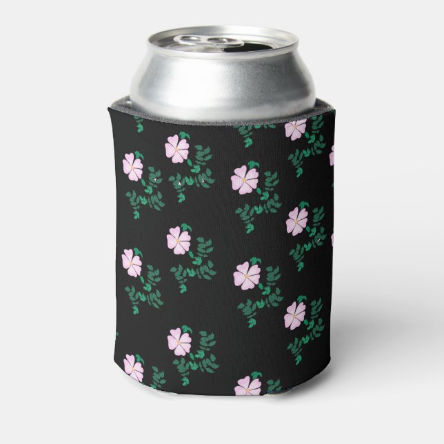 Enfriador De Latas Rosa salvaje - Patrón floral sobre fondo negro (Reverso de la lata)