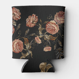 Enfriador De Latas Rosas bordados: patrón negro sin costuras.