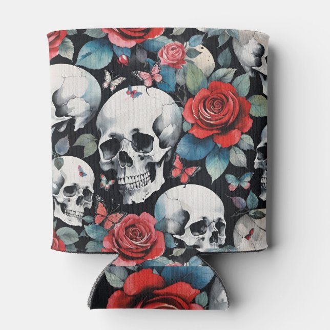 Enfriador De Latas Rosas del cráneo y mariposas en negro (Reverso)