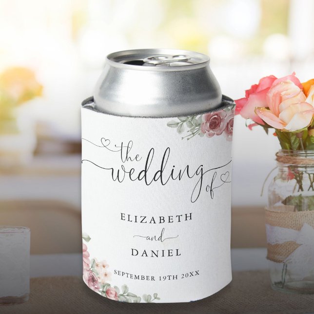Enfriador De Latas Rosas Floral Elegant Heart Script Boda (Roses Floral Elegant Heart Script Wedding Can Cooler)