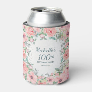 Enfriador De Latas Rosas florales en acuarela rosa Cumpleaños 100 Nom