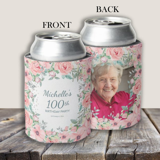 Enfriador De Latas Rosas Florales Rosadas 100.ª foto (Pink floral photo can cooler personalized with your photo and text.)